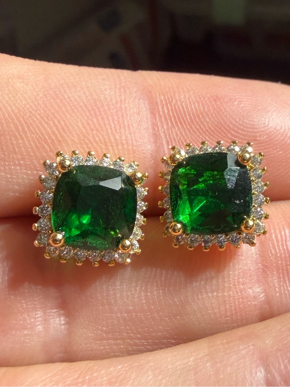 Vintage Gold Tone Emerald Green Cushion Halo Stud Earrings
